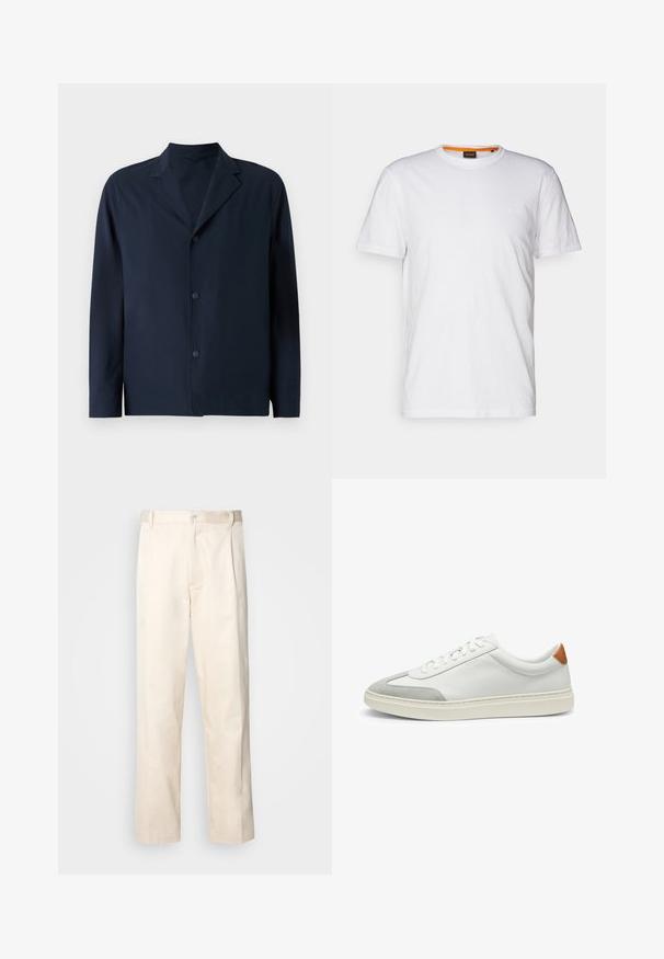 Laivansinis takki, joka on valmistettu sileästä kankaasta, jossa on uurrettu kaulus, pitkät hihat ja viisi nappia edessä kiinnitystä varten.; Valkoinen puuvillateepaita, jossa on pyöreä kaula-aukko, lyhyet hihat ja hillitty kohopainettu logo rinnassa. Sisämerkissä on oranssi yksityiskohta.; Vaaleanbeige puuvillahousut, joissa on suora lahje, varustettu nappisulkeisella ja etupuolella olevilla laskoksilla lisäyksinä.; Valkoiset nahkakengät, joissa on harmaat mikrokuituakkentit ja vaaleanruskea nahkakanta. Ominaisuuksiin kuuluu teksturoitu pinta ja kevyt pohja.