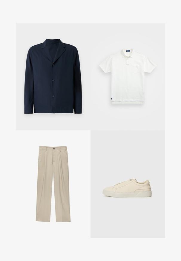 Sötétkék dzseki sima anyagból, élénk gallérral, hosszú ujjakra és öt gombbal az elülső záródáshoz.; Fehér pólóing, pamutból készült, klasszikus gallérral, háromgombos végigfutóval és bal oldali zsebével; kis logó a szegélyen.; Beige egyenes szárú nadrág, egy fekete gombbal, övhurkokkal és oldalzsebekkel. Sima szövettextúra és minimális design.; Beige bőr sneaker, lekerekített orral, minimalista dizájnal, finom varrási részletekkel és texturált felsőrésszel, világos talpon.