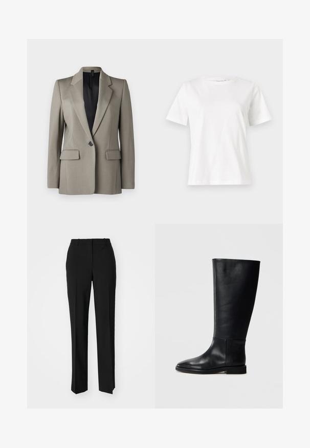 Hele hall blazer, mis on valmistatud siledast kangast, üksiknööbiga, kahe esitasku ja nurgelise kraega. Must vooder.; Valge puuvillane T-särk lühikeste varrukatega, ümmarguse kaelusega ja vabalt istuv. Sile tekstuur, ilma mustrite ja aktsentideta, minimalistik disain.; Mustad ja sirged püksid, millel on sile tekstuur ja teravad voldid esiosas. Ilma nähtavate detailideta.; Mustadast mustad nahast põlve kõrgus kingad, ümarate varvastega, siledast tekstuurist, minimalistlikus disainis ja lame tallaga. Lihtsad õmbluse detailid varrel.