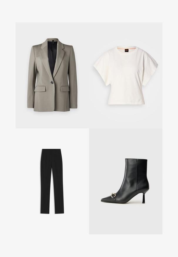 Light grey blazer made of smooth fabric, featuring a single button closure, two front pockets, and a notched collar. Lined in black.; White cropped T-shirt, short wide sleeves, soft cotton material, round neckline with subtle orange trim, minimal design, no patterns or graphics.; Black tailored trousers with a straight-leg design, featuring front pockets and a smooth, textured fabric. Neat, minimal detailing.; Black leather ankle boot with pointed toe, slim mid-height heel, and silver buckle detail on side against plain background.