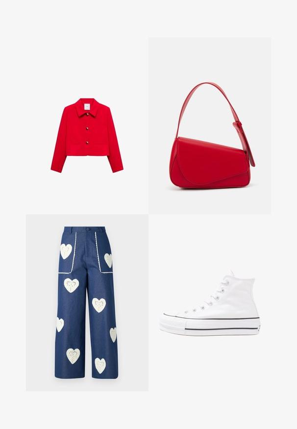 Mango Sacou - red; Cămașă roșie cu mânecă scurtă, cu Mickey și Minnie Mouse îmbrăcați în costume de Crăciun, Minnie sărutându-l pe Mickey pe obraz, cu un fundal de fulgi de zăpadă.; Sister Jane HEART TO HEART - Blugi drepți - blue denim; Adidași albi tip pantofi sport cu glezna din pânză, cu talpă din cauciuc negru, capac de vârf din cauciuc frontal și șase ochiuri pentru șireturi, având un design curat și minimalist.; Geantă de mână din piele roșie, cu un design unghiular și geometric. Dispune de o singură curea ajustabilă și un sistem de închidere cu clapetă, cu detalii cusute.