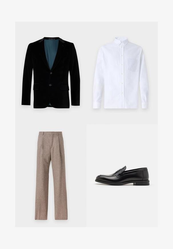 Juoda aksominė švarkas, pasižymintis siauru pjūviu, iškirptais atlapais, dviem priekinėm kišenėm, vieno mygtuko uždarymu ir kontrastiniu melsvai žaliu pamušalu.; Balta ilga rankovė mygtukų marškiniai, pagaminti iš medvilnės, su krūtine kišene ir toniniu siuvinėjimu, apykakle ir mygtukų apvadu.; Rudos, aukšto liemens kelnes, pagamintas iš tekstūruotos medžiagos. Plati kojos, dvi priekinės klostės struktūrai. Tvarkingas apdailos darbai, be matomų detalių.; Juodos odinės loafers, turinčios lygų paviršių, apvalią noselę ir dekoratyvinę juostą per priekinę dalį. Žemas krentantis kulnas, minimalistinis dizainas.