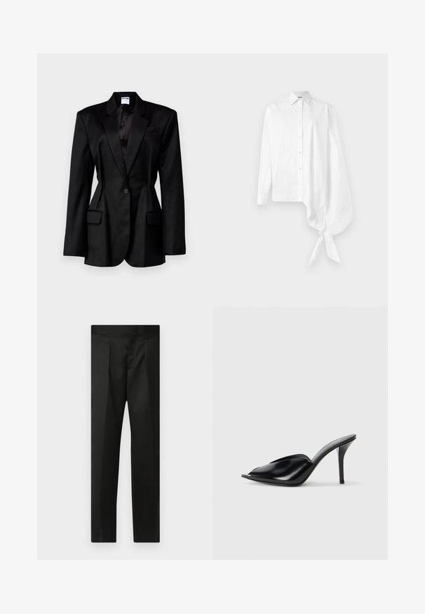 Juodas švarkas su pritaikyta siluetu, iškirptėmis, viena sagtele, dviem priekinėmis kišenėmis ir satino pamušalu. Strukturizuota medžiaga.; Balta ilga rankovėmis marškiniai su asimetriškos formos per dideliu surinktų rankovių dizainu, surištomis ties riešu dešinėje pusėje.; Juodos kelnės su lygiu audiniu, pritaikytu dizainu, tiesiomis kojomis ir plokščiu juosmeniu be matomų užsegimų ar kišenių.; Juodos odinės aukštakulnės mules su atvira pirštine, smailiu dizainu, lygiu paviršiumi ir plonu stiletto kulnu.