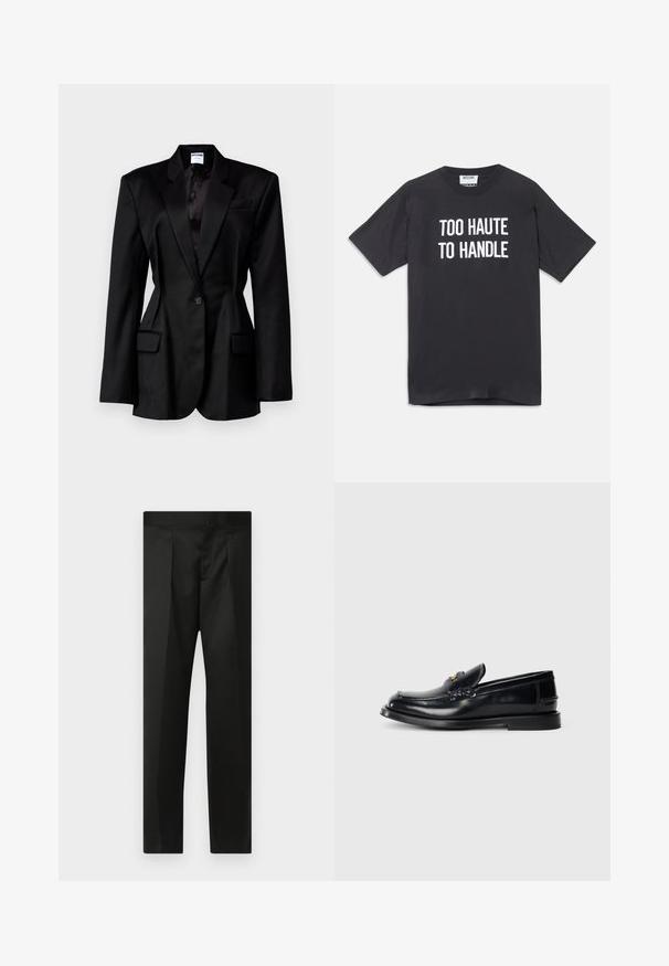 Czarna marynarka o dopasowanym kroju, z klapami typu notch, jednolitym zapięciem na guzik, dwiema przednimi kieszeniami oraz satynową podszewką. Materiał o teksturowanej powierzchni.; Czarna bawełniana koszulka z krótkim rękawem i okrągłym dekoltem, z białym napisem "ZA GORĄCA, ŻEBY TO ZNIEŚĆ" z przodu.; Czarne spodnie wykonane z gładkiego materiału, z dopasowanym krojem, prostymi nogawkami oraz płaskim pasem bez widocznych zapięć lub kieszeni.; Czarne skórzane loafersy z wyszywaną konstrukcją, małym przednim klapkiem i płaską gumową podeszwą. Gładka tekstura z akcentami w kolorze złota.