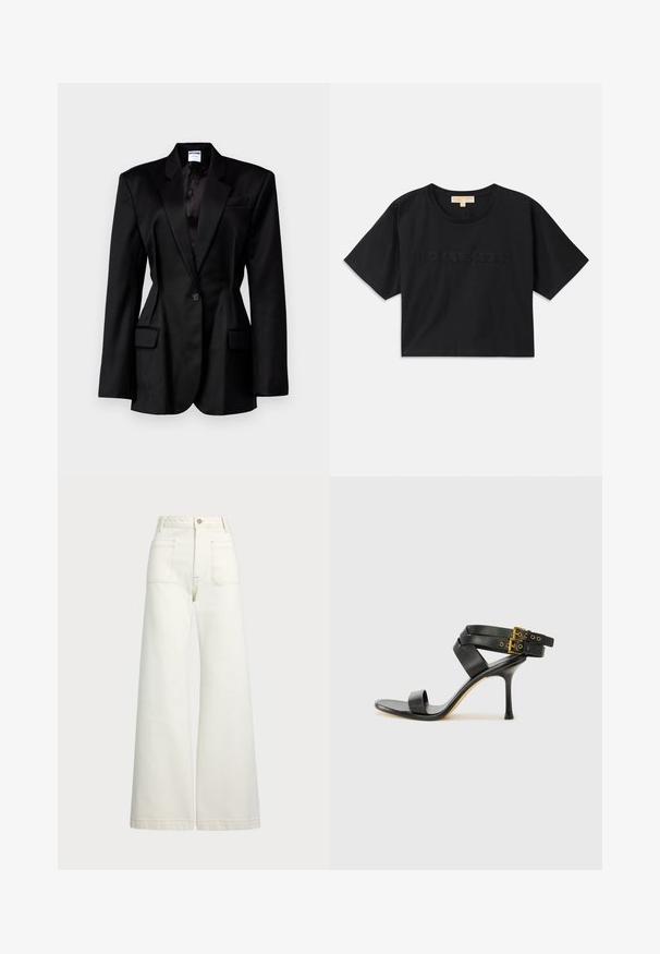 Fekete blézer testre szabott szabással, kihajtható gallérral, egy gombos záródással, két első zsebbel és selyem béléssel. Texturált anyag.; Fekete, rövid fazonú pamut póló. Kerek nyakkivágása és rövid ujjai vannak. A "MICHAEL KORS" felirat hímzéssel, az alapszínnel megegyező színben található az elején.; Széles szárú farmernadrág off-white denim anyagból. Magas derekú dizájn, gombos záródással, két elülső zsebbel és kontrasztos varrási részletekkel.; Fekete magassarkú szandál keresztpántos dizájnnal és állítható csattal. Simább felülettel és hegyes tűsarkúval rendelkezik.