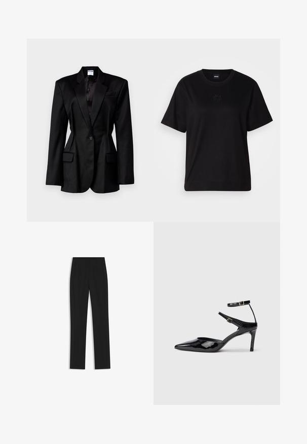Black blazer with a tailored fit, notch lapels, single button closure, two front pockets, and a satin lining. Textured fabric.; Black cotton t-shirt with a crew neckline, short sleeves, and an embroidered logo on the chest. Simple, relaxed fit with no patterns.; Black tailored trousers with a straight-leg design, featuring front pockets and a smooth, textured fabric. Neat, minimal detailing.; Black patent leather heels with a pointed toe, adjustable ankle straps, and a slender heel. Smooth texture with a shiny finish.
