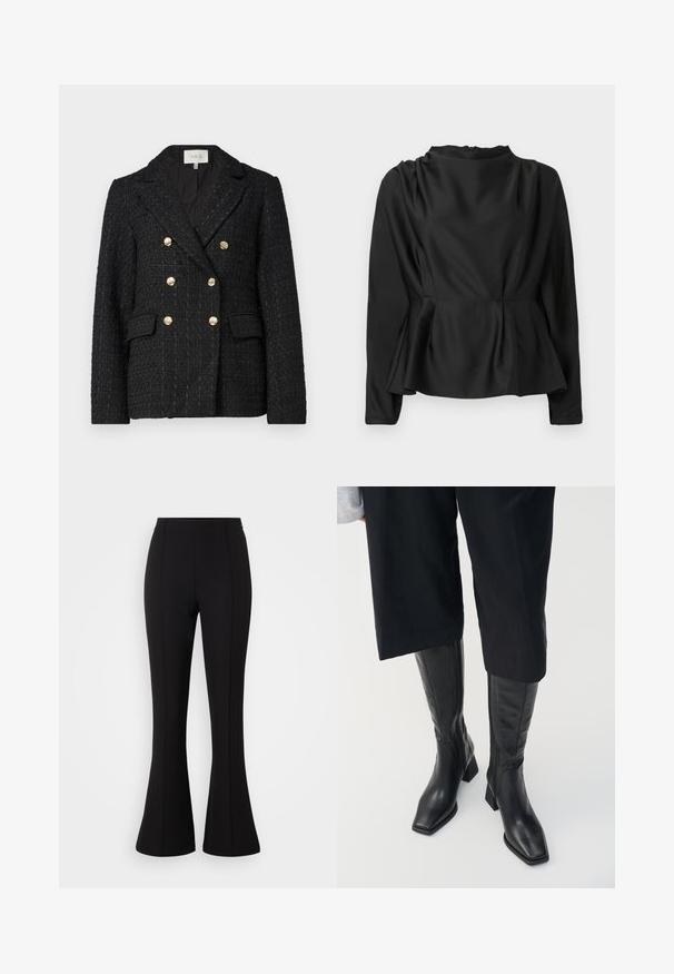 Mustmust toonika, millel on kahekordne klapp, kuldsed nööbid, nurgalapid ja kaks esist taskut. Tekstuuriga kangas.; Must musta, pikkade varrukatega pluus peplum-vööga. Sile, satiinilaadne kangas kõrge kaelusega ja peidetud tõmblukuga taga.; Mustad flared püksid, mis on valmistatud venivast kangast, sujuva tekstuuriga, kõrge vöökohaga ja esitõmmete detailidega.; Mustad musta nahast põlvekõrgused saapad ruudukujulise varbaga ja plokk-sirge kontsaga. Omab külgzippi ja sileda tekstuuri.