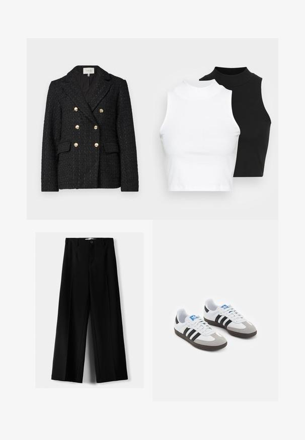 Czarny żakiet w kratę z podwójnym zapięciem, złotymi guzikami, klapami typu notched oraz dwoma przednimi kieszeniami. Teksturowany materiał.; Dwa bezrękawnikowe golfy w kolorze czarnym i białym, charakteryzujące się dopasowanym fasonem i gładką teksturą, o skróconej długości.; Czarne spodnie szerokie, wykonane z lekkiego materiału, z zapięciem na guzik z przodu i gładkim przodem, z starannie wykończonymi brzegami.; Buty sportowe z białą skórzaną cholewką, szarym zamszowym noskiem i trzema czarnymi paskami. Posiadają niebieskie logo na języku oraz teksturowaną gumową podeszwę.