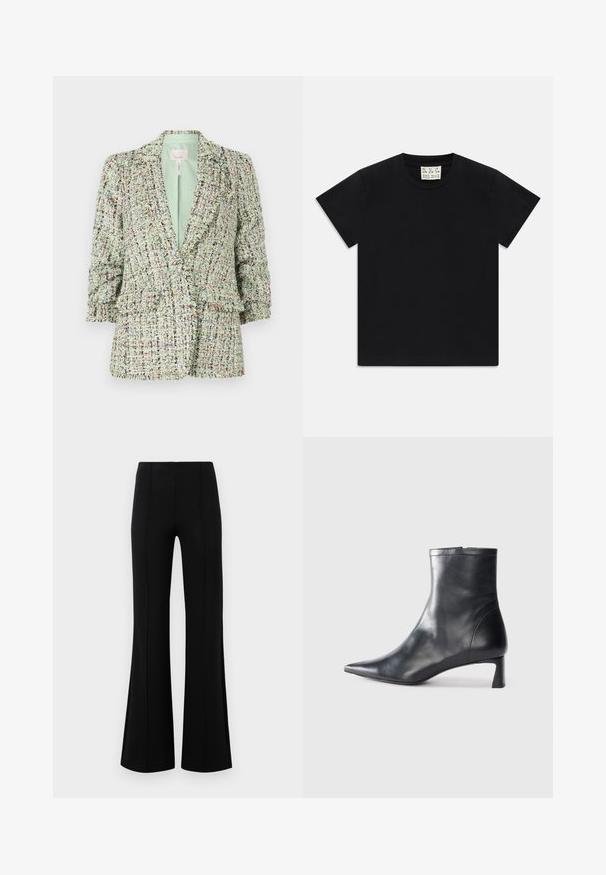 Kootud roheline bleiser, millel on erineva värvusega kiud. Omab kahe nööbiga kinnitust ja kergelt puhvsete varrukatega.; Must valge lühikeste varrukatega T-särk ümarast kaelusest mustal taustal, mille krae sees on valge silt, kus on kirjas "D.R.C. EST. 2002".; Mustad põlvpüksid kõrge vöökohaga, valmistatud venivast kangast. Esiküljel on vertikaalsed õmblusdetailid ja sile tekstuur.; Mustad mustall nahkasaabas terava nina ja stiilse disainiga. Omab madalat konts ja luku sulgemist taga. Sile tekstuur.