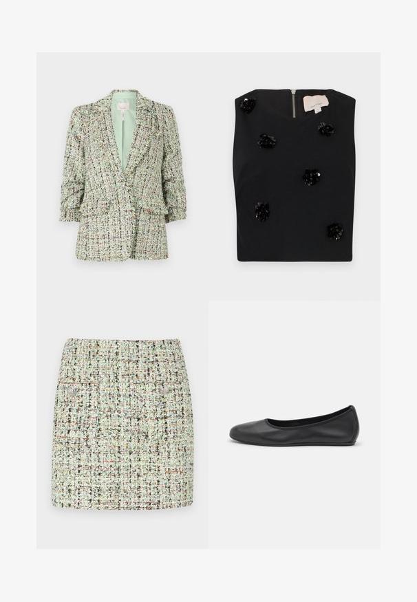 Kootud roheline bleiser, millel on erineva värvusega kiud. Omab kahe nööbiga kinnitust ja kergelt puhvsete varrukatega.; Mustamata varrukateta topp ruudukujulise kaelusega, millel on litritega lillelised aplikaadid ja seljaosal tõmblukk. Sile kangastekstuuri. Suurus väike.; Hele roheline lühike tweed seelik, millel on tekstuuriga kangas mitmevärviliste täppidega, kaks eesmist taskut ja hõbedased nupud.; Musthave mustika tantsutossud mustast nahast, ümmarguse varbaga, siledast tekstuurist, minimaalse õmblusdetailiga ja paindliku tallakujundusega.