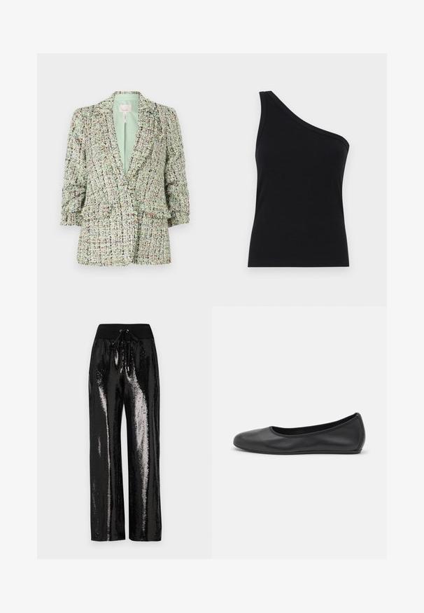 Texturerad grön blazer gjord av vävd tyg med flerfärgade inslag. Har en tvåknappsstängning och lätt puffiga ärmar.; Enaxlad svart ribbad linne med en figurnära design och mjuk textur. Har en ren, minimalistisk skärning och slät halsringning.; Svarta paljettbyxor med vida ben och elastisk midja med dragsko. Tyget har en reflekterande, glansig textur.; Svart läderballerinaskor med rund tå, slät yta, minimala söm detaljer och en flexibel sula.