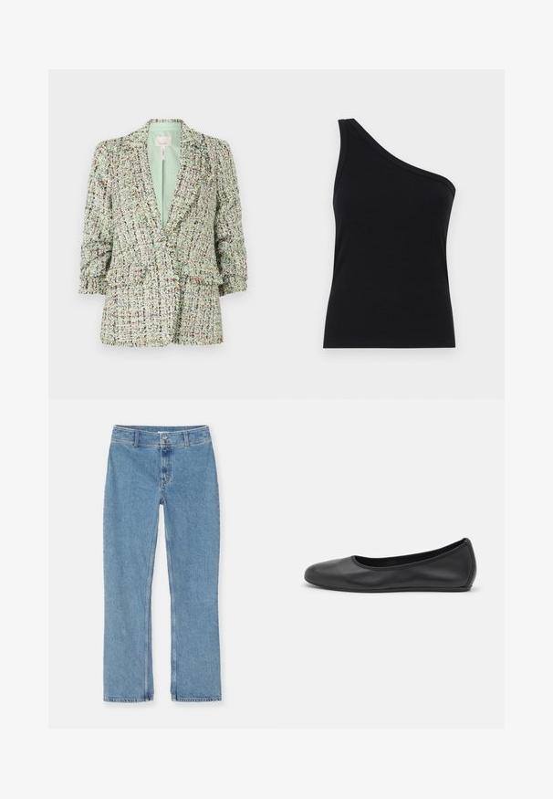 Teksturots zaļš žakets, izgatavots no austu audumu ar daudzkrāsainiem spektra elementiem. Tam ir divi pogu aizdari un nedaudz pūkains piedurknes.; Vienu plecu melns ribots topiņš ar pieguļošu dizainu un mīkstu tekstūru. Iezīmējas ar tīru, minimālu griezumu un gludu apkakli.; Gaiši zili taisni džinsi ar pogu un rāvējslēdzēju, jostas cilpām un standarta šuvēm uz balta fona.; Melna ādas baleta kurpe ar noapaļotu purngalu, gludu tekstūru, minimālu šuvju detalizāciju un elastīgu zoles dizainu.