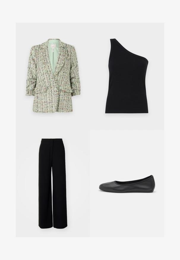 Textured green blazer made of woven fabric with multicolored flecks. Features a two-button closure and slightly puffed sleeves.; One-shoulder black ribbed tank top with a fitted design and soft texture. Features a clean, minimal cut and smooth neckline.; Black wide-leg trousers with a high waist, smooth fabric, front button closure, and no visible pockets, featuring a tailored fit.; Black leather ballet flat with a rounded toe, smooth texture, minimal stitching detail, and a flexible sole design.