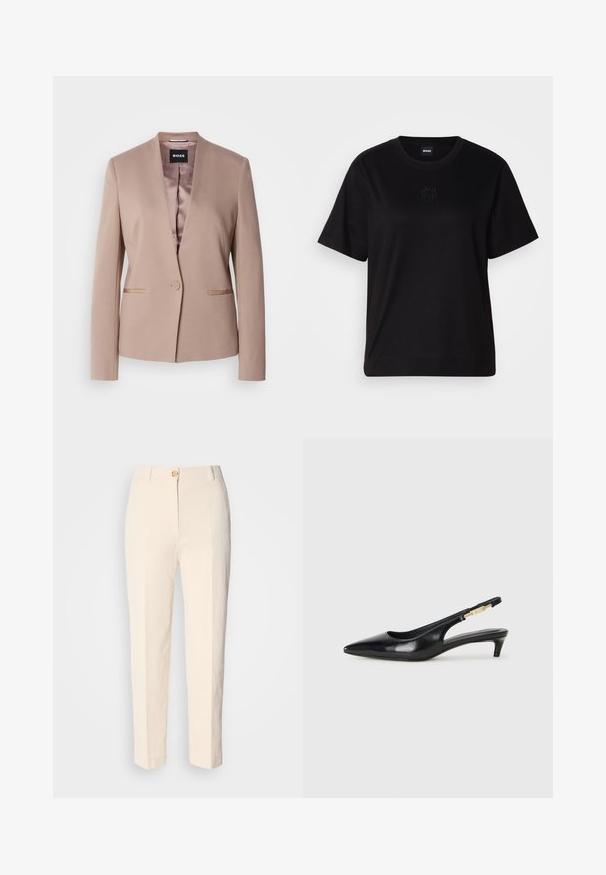 Rausvaiščiame rožiniame švarkelyje yra išpjauta apykaklė, vienas mygtuko uždarymas, dvi priekinės kišenės ir sklandus satino pamušalas. Minkšta, tekstūruota medžiaga.; Juodas medvilninis marškinėliai su apvalia iškirpte, trumpomis rankovėmis ir siuvinėjimu ant krūtinės. Paprastas, laisvas siluetas be raštų.; Kreminės spalvos, aukštu liemeniu kelnės, pagamintos iš tekstūruoto audinio. Turi priekinį mygtuko užsegimą ir siaurėjantį kirpimą.; Juodas odinis pavasario batelių modelis su smailiu nosiu, turintis siaurą kulniuką ir auksinės spalvos akcentu reguliuojamoje juostoje. Lygi tekstūra.