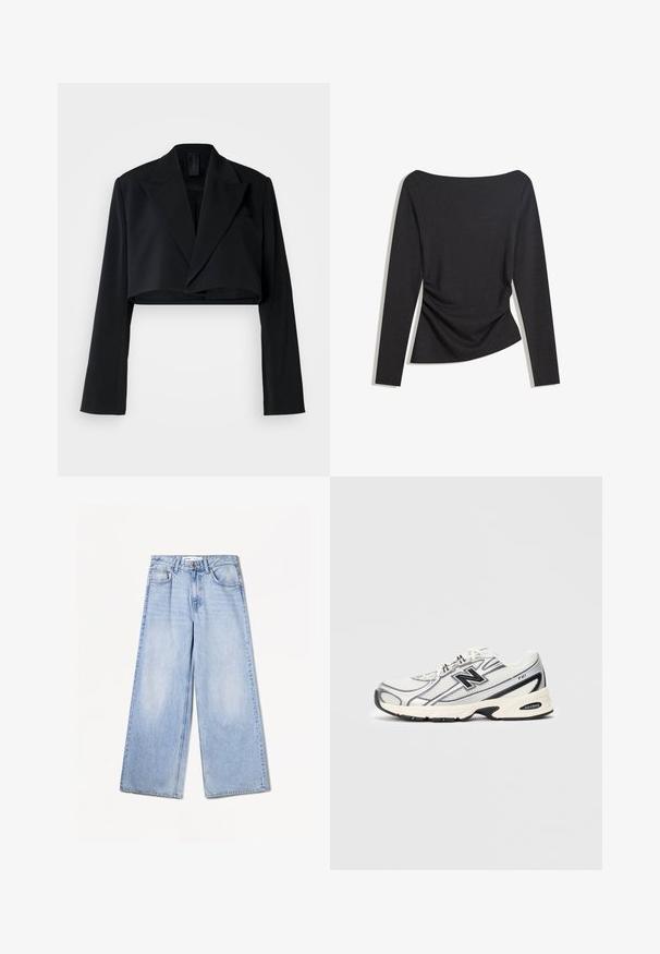 Knappt svart blazer med långa ärmar, skarpa slag och en strukturerad design. Tillverkad av ett mjukt tyg med en ren finish.; Svart långärmad figurnära topp med båthalsringning och lätt ruching på ena sidan vid midjan, lagt plant på en vit bakgrund.; Bershka WIDE-LEG - Wide leg - light-blue denim; Vit och grå atletisk sneaker med svart "N"-logotyp, mesh-övre, dämpad sula och snörningsdesign, visad på en enfärgad ljusgrå bakgrund.