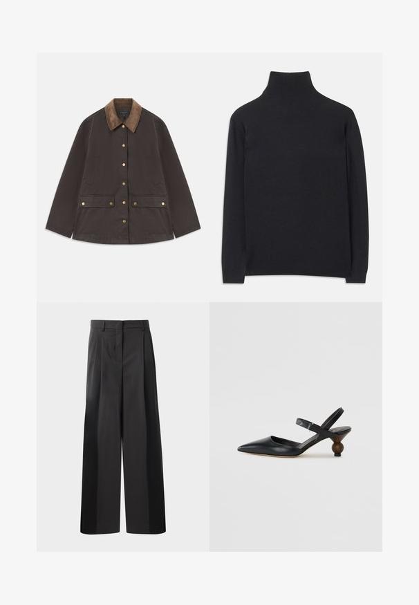 Barna dzseki kordbársony gallérral, arany színű fémalkatrészekkel, két elülső zsebbel és gombos záródással. Tartós, texturált anyagból készült.; Fekete garbó pulóver puha anyagból. Hosszú ujjakkal, magas nyakkal és bordázott mandzsettákkal, valamint aljjal rendelkezik, ami karcsú megjelenést kölcsönöz.; Fekete, bő szárú nadrág magas derékkal, elöl plissékkel, sima felülettel és igényes kidolgozással. Kényelmes viseletre tervezve.; Fekete bőr szandálcipő hegyes orral, íves kialakítással és kerek, fára hasonlító sarokkal. Keskeny bokapánttal rendelkezik.