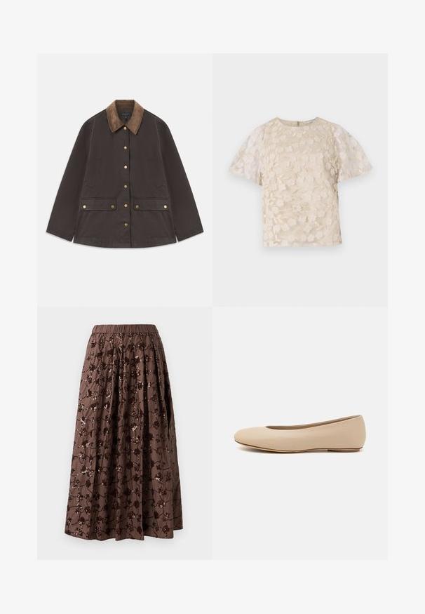 Bruine jas met een corduroy kraag, gouden accessoires, twee voorzakken en een knoopsluiting. Gemaakt van een gestructureerde, duurzame stof.; Beige blouse met bloem borduursels, doorschijnende pofmouwen, ronde halslijn en rits op de rug. Getextureerd bloemmotief op het voorpaneel.; Bruine midi-jurk met een elastische tailleband, voorzien van bloemmotieven met pailletten, een geplooid ontwerp en een gladde stofstructuur.; Beige leren ballerina met een ronde neus, minimale naaidetailing, lage hak en subtiel logo op de achterkant. Gladde, matte textuur.