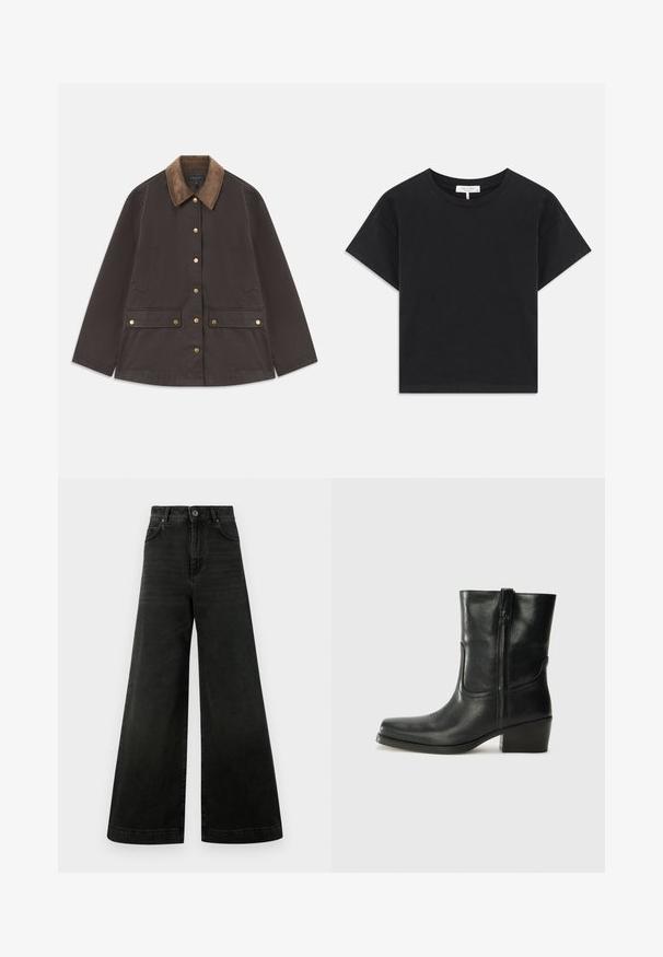 Brown jacket with a corduroy collar, gold hardware, two front pockets, and a button closure. Made from a textured, durable fabric.; Black cropped t-shirt made of cotton, featuring a round neckline, short sleeves, and a simple design with no patterns or embellishments.; High-waisted, wide-leg jeans in dark black denim. Features include a button closure, front pockets, and a smooth texture with minimal fading.; Black leather ankle boot with a rounded toe, block heel, side zipper, and stitching accents on the vamp. Smooth texture, classic design.