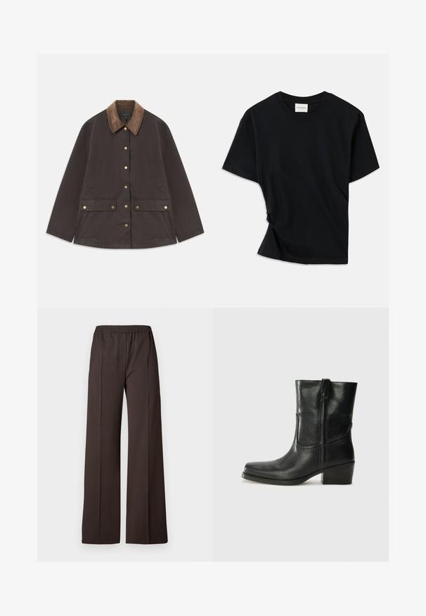Hnědá bunda s korderačovým límcem, zlatými doplňky, dvěma předními kapsami a knoflíkovým zapínáním. Vyrobena z texturované, odolné látky.; Černé tričko vyrobené z měkké bavlny, s klasickým kulatým výstřihem, krátkými rukávy a mírně zkrouceným designem pro pohodlný střih.; Široké kalhoty z tmavě hnědé tkaniny s elastickým pasem, charakterizované hladkým povrchem a čistými liniemi pro dobře padnoucí vzhled.; Černá kožená kotníková bota s kulatou špičkou, blokovým podpatkem, bočním zipem a prošíváním na svršku. Hladký povrch, klasický design.