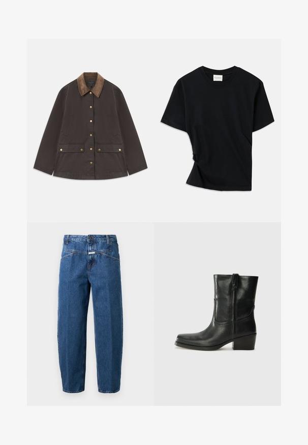 Rjava jakna s kordurojnim ovratnikom, zlatim okovjem, dvema sprednjima žepoma in gumbom za zapiranje. Narejena iz teksturirane, trpežne tkanine.; Črno majico iz mehkega bombaža odlikuje okrogla izreza, kratki rokavi in nekoliko zvit dizajn za sproščen fit.; Jeans iz denima v temno modri barvi, s sproščenim krojem, petimi žepi, šivi in gumbom za zapiranje na pasu.; Črne usnjene gležnjarje z zaobljenim nosom, blok peto, stransko zadrgo in šivanjem na vampu. Gladka tekstura, klasična zasnova.