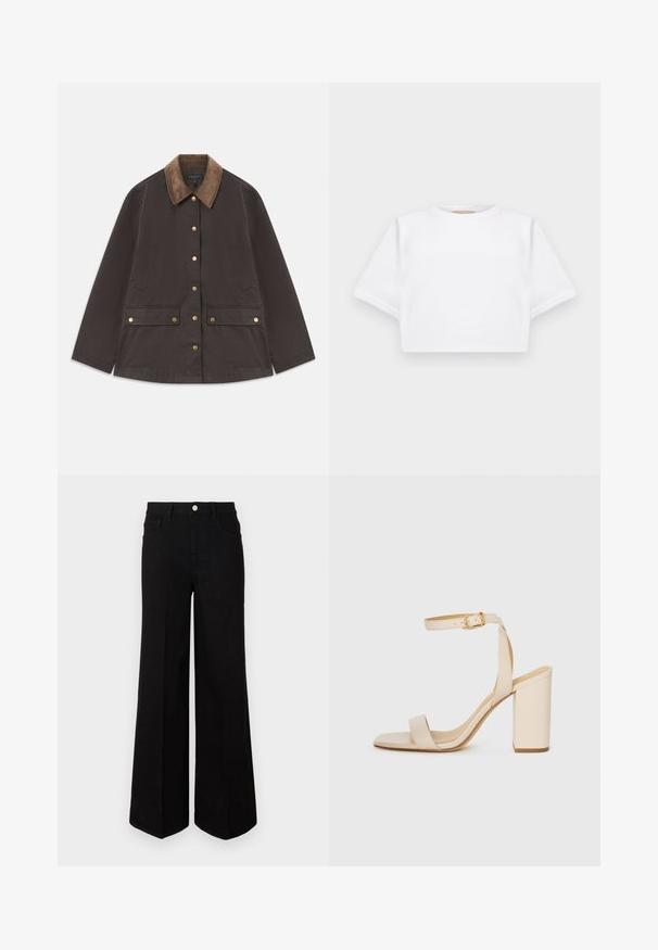 Brown jacket with a corduroy collar, gold hardware, two front pockets, and a button closure. Made from a textured, durable fabric.; Cropped white t-shirt made of soft fabric, featuring short sleeves, a round neckline, and ribbed hem details. Simple and unembellished design.; Black wide-leg jeans made of sturdy fabric, featuring a high waist, front pockets, and a front button closure. Flat hem at the bottom.; Beige high-heeled sandal with a square toe, thin ankle strap, and block heel. Smooth leather texture with a gold buckle detail.
