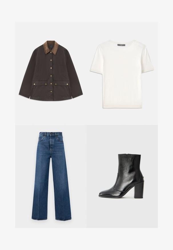 Brown jacket with a corduroy collar, gold hardware, two front pockets, and a button closure. Made from a textured, durable fabric.; White short-sleeve knit top with a round neckline, featuring a smooth texture and subtle ribbed accents at sleeves and hem.; Wide-leg blue jeans made of denim with a high waist, front pockets, and contrast stitching. The fabric has a smooth texture.; Black leather ankle boot with a smooth texture, pointed toe, and a chunky high heel. Features a side opening and minimalistic design.