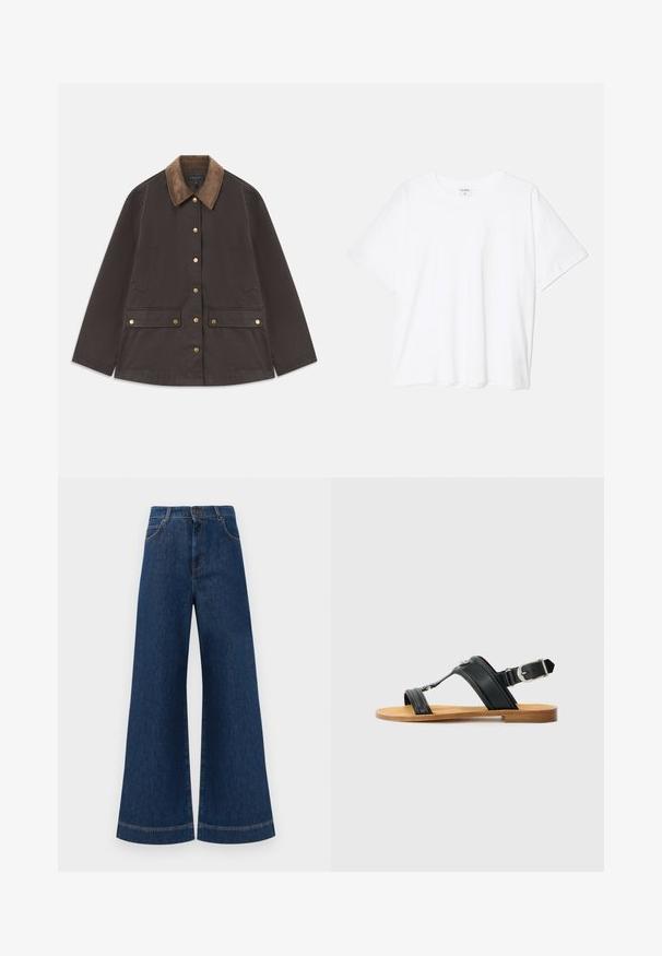 Brūns jaciņa ar korduroja apkakli, zelta apdari, divām priekšējām kabatām un pogu aizdari. Izgatavota no teksturēta, izturīga auduma.; Balta kokvilnas T-krekls ar īsām piedurknēm, apaļu dekoltē, brīva piegriezuma un šūtu apakšmalu. Etiķete redzama iekšējā kakla daļā.; Plati ziladenim bikses ar augstu jostasvietu, kas aprīkotas ar pogas aizdari, jostu cilpām un nelieliem šuvju detalizējumiem ap kabatām un malām.; Melna ādas sandale ar regulējamu sprādzi, plakanu brūnu zoli un diviem platām siksnām, kas krustojas pāri kājai, minimālistisks dizains.