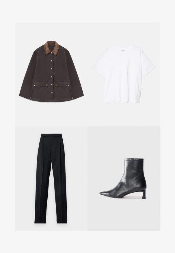 Veste marron avec un col en velours côtelé, des garnitures en or, deux poches avant et une fermeture à boutons. Fabriquée dans un tissu texturé et durable.; T-shirt en coton blanc avec des manches courtes, un col rond, une coupe décontractée et un ourlet cousu. Étiquette visible à l'intérieur du col.; Pantalon noir en tissu lisse avec taille haute, jambes larges, plis à l'avant et passants de ceinture classiques. Pas de poches latérales visibles.; Bottine en cuir noir avec un bout pointu et un design épuré. Présente un petit talon et une fermeture éclair à l'arrière. Texture lisse.