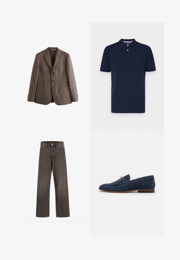 Blazer maro cu tip houndstooth, cu revere în formă de dop, două butoane și buzunare frontale. Material texturat cu o captuseală interioară netedă.; Polo cu mânecă scurtă, de culoare albastru închis, fabricat din bumbac, având un guler cu trei butoane și dungi orizontale subtile pe guler.; Blugi cu picioare largi din denim gri închis, cu talie înaltă, design clasic cu cinci buzunare și cusături contrastante pe cusături.; Loafers din suede bleumarin cu vârf rotunjit, un mic accent decorativ și o talpă maro contrastantă. Textură netedă cu detalii de cusături subtile.