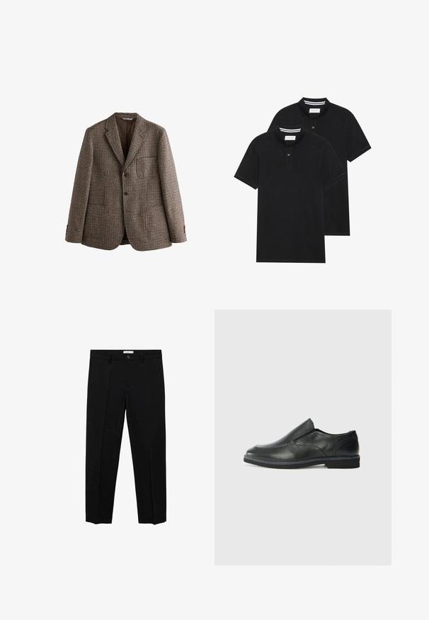 Smeđi hounds-tooth blejzer s reverima, dva dugmeta i prednjim džepovima. Tekstura tkanine s glatkim unutrašnjim podstavljanjem.; Dva crna polo majice, kratki rukavi, pamučni materijal, sa klasičnom ovratnikom, čepom sa dva gumba i bijelim prugastim detaljima unutar ovratnika.; Crne krojene hlače ravnog kroja, s jednim dugmetom, petljama za remen i prednjim nabranim detaljima. Izrađene od glatkog materijala.; Crne kožne cipele na sklapanje s glatkom gornjom površinom, prošivenim detaljima, zaobljenim vrhom i niskim gumene potplate. Potplat ima minimalne uzorke.
