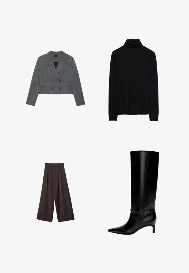 Grå cropped blazer med dobbeltknapdesign, der har to sorte knapper, klapkraver og et subtilt tekstureret mønster.; Sort turtleneck sweater i blødt strikstof. Har lange ærmer og ribbede manchetter og kant. Enkel, klassisk design uden mønstre.; Sorte vidde bukser med høj talje, med frontfolder og knaplukning i taljen, lavet af glat stof.; Sort læderknæhøj støvle med spids tå og en lille hæl. Har en smal rem med en metallisk spænde omkring anklen. Glat overflade.