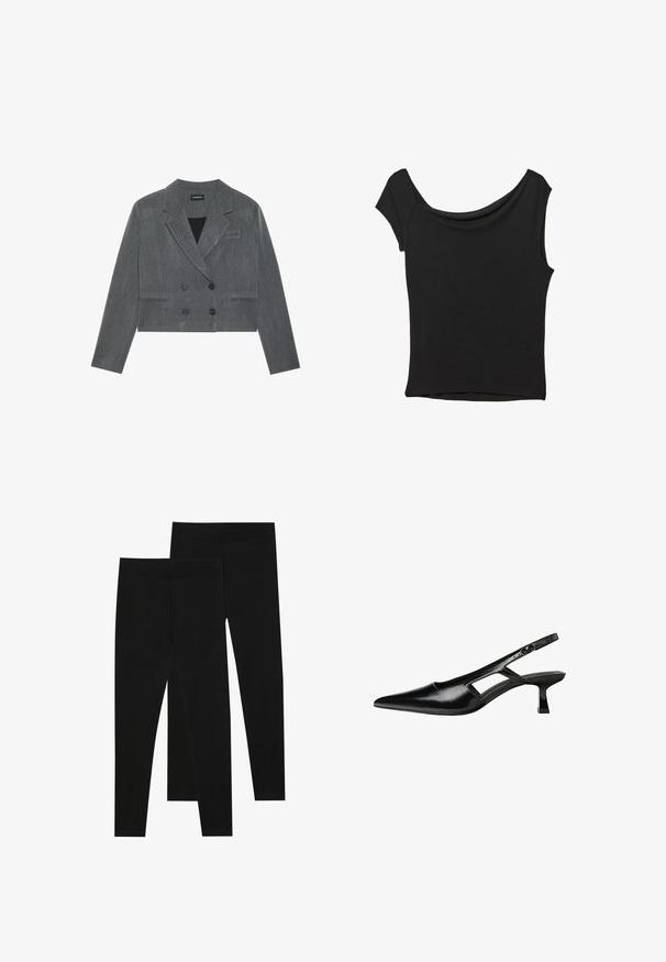 Sivina skrajšana blazer jakna z dvojnim gumbom, ki vsebuje dva črna gumba, zarezan ovratnik in subtilen teksturiran vzorec.; Črna kratka majica s kratkimi rokavi iz gladkega blaga; ima drapiran izrez in asimetrično spodnjo rob, s prilegnjenim telesom.; Črne legice iz raztegljive tkanine, z brezšivnim pasom in oprijetim krojem, primerne za prosti čas ali vadbo.; Črne patentični usnjeni salonarji s slingback designom, z zašiljenim nosom, izrezanim stranskim dizajnom in majhnim kvadratnim peto. Gladka tekstura z minimalnimi detajli.