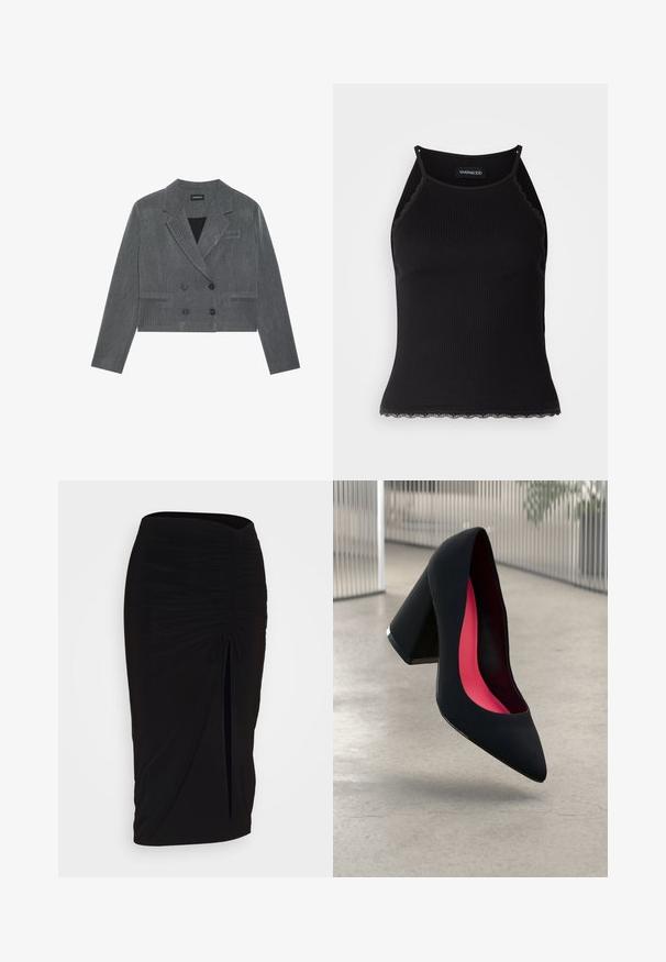 Gray cropped blazer with a double-breasted design, featuring two black buttons, notch lapels, and a subtle textured pattern.; Black ribbed tank top with scalloped lace trim at the hem. Features thin straps and a fitted design. Made from stretchable fabric.; Black, ruched pencil skirt with tie detail and a side slit. Made from a stretchy fabric, featuring a smooth texture and form-fitting design.; Black high heel shoe with a pointed toe, textured surface, and a vibrant pink interior. Features a chunky heel with silver accent.