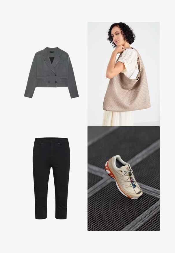 Grijze cropped blazer met een dubbelgebreid ontwerp, voorzien van twee zwarte knopen, notch revers en een subtiel textuurpatroon.; Zwarte bustier met verstelbare spaghetti bandjes, voorzien van een gestructureerd panterprintpatroon en een gestructureerd paneelontwerp.; Zwarte cropped slim-fit broek met een ritssluiting en knoop aan de voorkant, en voor- en achterzakken, weergegeven op een witte achtergrond.; Beige hardloopschoen met oranje accenten, ontworpen met een gestructureerde bovenkant, zwarte buitenzool en geïntegreerde veters. Bevat GORE-TEX branding.; Geweven beige draagtas met een slungelige vorm en een enkele schouderband. Kenmerkt zich door een textuurpatroon over het hele oppervlak.; Gouden rechthoekige polshoroscoop met een gestructureerde lichtgroene wijzerplaat, twee zwarte uurmarkeringen, een gouden metalen armband en een minimalistisch ontwerp.