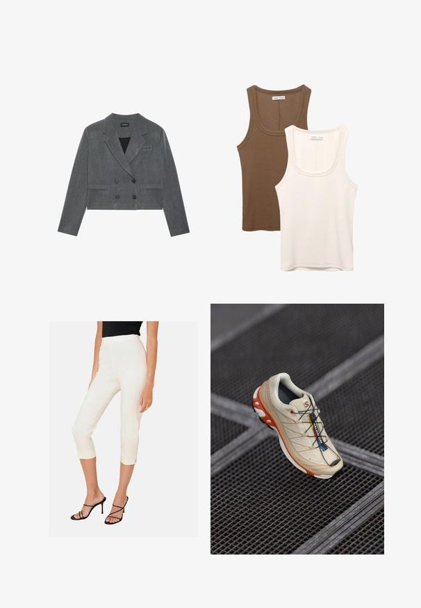 Grijze cropped blazer met een dubbelgebreid ontwerp, voorzien van twee zwarte knopen, notch revers en een subtiel textuurpatroon.; Twee tanktops: de ene in donkerbruin met ribbelstructuur en brede banden, de andere in gebroken wit, van gladde stof met een vergelijkbaar ontwerp.; Witte cropped broeken met een aansluitend ontwerp en zijscheuren aan de zoom, gecombineerd met zwarte bandjeshakken. Glad materiaal met een gepolijste afwerking.; Beige hardloopschoen met oranje accenten, ontworpen met een gestructureerde bovenkant, zwarte buitenzool en geïntegreerde veters. Bevat GORE-TEX branding.