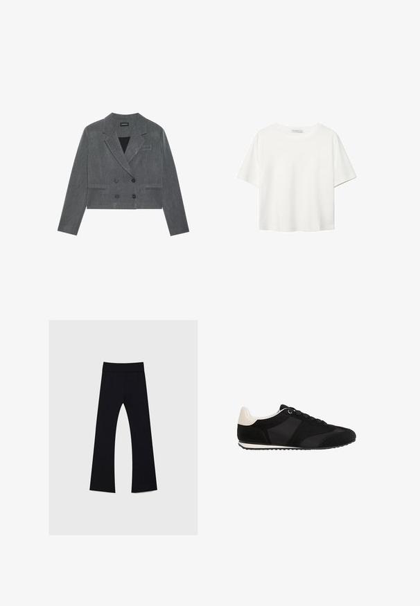 Grå cropped blazer med dobbeltknapdesign, der har to sorte knapper, klapkraver og et subtilt tekstureret mønster.; Hvid kortærmet t-shirt lavet af bomuld. Har en rund halsudskæring og en afslappet pasform. Glat tekstur uden synlige mønstre eller detaljer.; Sorte yogabukser med høj talje, lavet af strækbart stof, med en buks designet med flared ben og en glat tekstur hele vejen igennem.; Sorte atletiske sko med en tekstureret ruskinds-overdel, glatte syntetiske detaljer og en kontrasterende cremet hæl. Har traditionelle snørebånd og en gummisål.