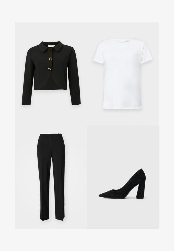 Czarna krótka kurtka z okrągłym kołnierzem, czterema kwadratowymi guzikami z złotymi akcentami oraz długimi rękawami, wykonana z gładkiego materiału.; Biała koszulka z krótkim rękawem, wykonana z bawełny, z okrągłym dekoltem. Gładka tekstura i prosty krój, bez wzorów czy akcentów.; Czarne spodnie o dopasowanym kroju z prostymi nogawkami, o gładkiej fakturze i wyraźnych zagięciach z przodu. Bez widocznych elementów metalowych.; Czarne zamszowe szpilki z ostrym noskiem i masywnym obcasem. Smukły design, gładka faktura i minimalistyczny styl. Brak widocznej marki.