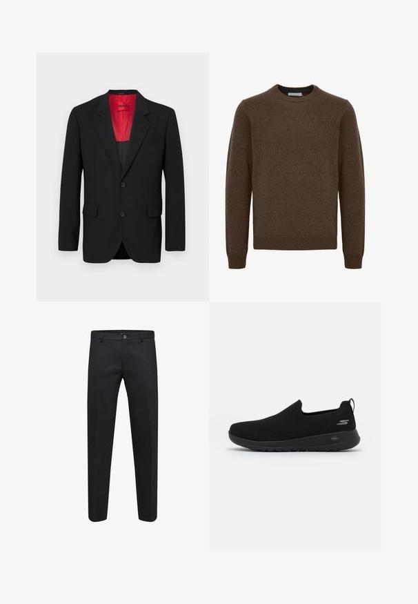 Zwarte blazer van soepel materiaal, met een rode voering, twee voorzakken en twee knopen. De gelapte revers voegen gestructureerd detail toe.; Bruine gebreide trui met een ronde hals, lange mouwen, ribgebreide manchetten en zoom. Gemaakt van zacht, gestructureerd materiaal. Geen patronen of accenten zichtbaar.; Zwarte op maat gemaakte broek gemaakt van een soepele stof, met een knoopsluiting, riemlussen en zijzakken, in een recht model.; Zwarte instap sneaker met een ademende mesh bovenkant, ronde neus en een gevoerde rubberen zool. Bevat een logo aan de zijkant.