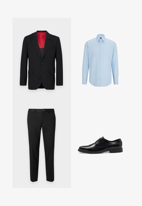 Black blazer made of smooth fabric, featuring a red lining, two front pockets, and two buttons. Notched lapels add structured detail.; Light blue long-sleeve dress shirt made of smooth fabric, featuring a button-down front, pointed collar, and regular fit.; Black trousers made of a smooth fabric. They feature a straight cut, a flat front, and a button closure with a simple waistband design.; Black leather dress shoe with a smooth finish, lace-up design, rounded toe, and subtle stitching details. Features a black rubber sole.