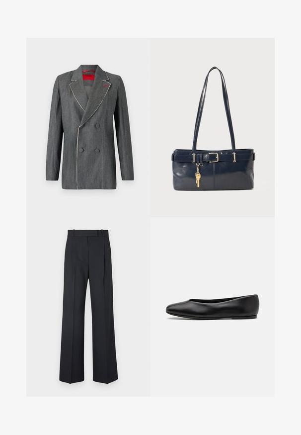 Grau denim Doppelreiher-Blazer mit kontrastierenden weißen Nähten, zurückgeschnittenen Revers und rotem Innenfutter. Mit runden Knöpfen und strukturiertem Design.; Weißes Langarmhemd aus Baumwolle mit klassischem Kragen, einer Brusttasche und Knopfmanschetten. Glatte Textur, gerade Passform.; Dunkelblaue Nadelstreifenhosen mit hoher Taille, weit geschnittenem Bein und ohne sichtbare Beschläge oder Verzierungen. Glatte Textur und taillierte Passform.; Paul Smith TOPANGA - Klassischer Ballerina - black; Marineblaue Lederhandtasche mit zwei langen Griffen, einer Schnallen-Detailierung und einem daran befestigten Schlüsselanhänger. Besitzt eine glatte Textur und eine rechteckige Form.