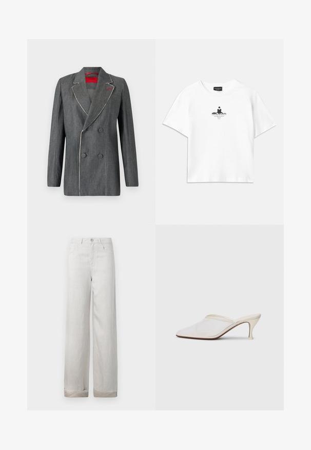 Grey denim double-breasted blazer with contrasting white stitching, notched lapels, and red lining. Features rounded buttons and structured design.; White cotton t-shirt with a loose fit, featuring a black graphic print in the center that includes text and a silhouette design.; Light gray linen trousers with a relaxed fit, five pockets, a button closure, and rolled cuffs. Smooth texture with subtle sheen.; White mesh pointed-toe mule with a slim mid-height heel and slip-on design against a plain background.
