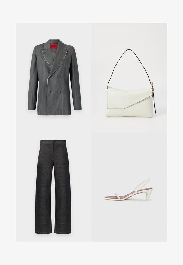 Pelēka denima divrindu žakete ar kontrastējošiem baltiem šuvēm, iegrieztām lapelēm un sarkanu oderi. Iespējotas apaļas pogas un strukturēts dizains.; Pelēks kokvilnas T-krekls ar apaļu apkakli un īsām piedurknēm. Satur drosmīgu, baltu tekstu: “CERU, KA TAVS E-PASTS MANA NEATRADĪS.”; Platas kājas bikses melnā denima. Ir strukturēta virsma, tīrs josta un bez redzamiem metāla elementiem vai kabatām.; Baltas siksnas sandales ar nelielu papēdi, plānām siksniņām un gludu ādas tekstūru; ar nelielu dekoratīvu sprādzi.; Baltas ādas somiņa ar trīsstūra formas vāku, melnu siksnu, zelta detaļām un gludu tekstūru.