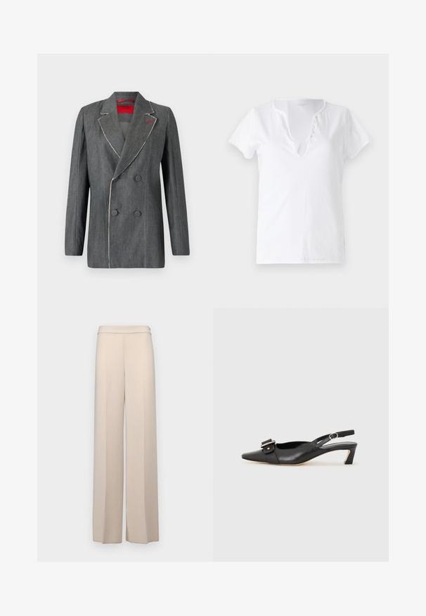 Pelēka denima divrindu žakete ar kontrastējošiem baltiem šuvēm, iegrieztām lapelēm un sarkanu oderi. Iespējotas apaļas pogas un strukturēts dizains.; Balta kokvilnas T-kreklis ar īsām piedurknēm, brīvpiekļuve, un V-veida kakla izgriezums ar piecām dekoratīvām pogām.; Beige platmalējošas bikses no gludas auduma, ar augstu jostasvietu un vieglām priekšējām krokām. Nav kabatu vai redzamu detaļu.; Melnas ādas siksnu kurpes ar smailu pirkstu, nelielu papēdi un dekoratīvu sprādzi augšdaļā. Gluda tekstūra, minimālistisks dizains.