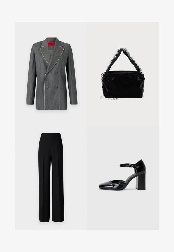 Sivý denimový dvojradový blejzer s kontrastným bielym stehom, zaoblenými klopami a červeným podšívaním. Vlastnosti zaoblených gombíkov a štruktúrovaný dizajn.; Čierny bezrukávový top vyrobený z jemnej bavlny. Má okrúhly výstrih a štandardný lem. Jednoduchý dizajn, žiadne viditeľné vzory ani akcenty.; Čierne široké nohavice s hladkým povrchom, s vysokým pásom a stredovými skladmi. Žiadne viditeľné vzory ani hardvérové detaily.; Čierne lakované dámske topánky na vysokom opätku so štvorcovou špičkou, remienkom okolo členku a masívnym opätkom. Obsahuje perforované detaily pozdĺž lemu.; Čierna kabelka z umelého kože s textúrovaným povrchom, s perlovým strieborným akcentom pozdĺž vrchnej rukoväte a reťazovým popruhom.