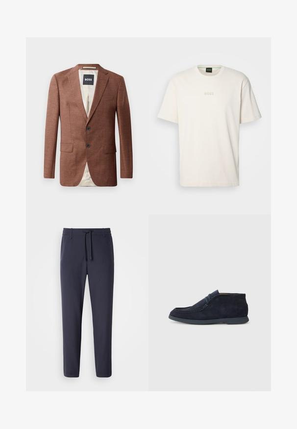 Rjav laneni blazer z žepoma, dvema črnima gumboma in svetlo obloženim notranjim delom. Oznaka 'BOSS'.; BOSS TEE - Navadna majica - open white; Mornarske jogger hlače z elastičnim pasom in vrvico. Narejene iz gladkega materiala, imajo zožane noge in brez vidnih žepov.; Mornarsko modri zamshev čevlji chukka z zaobljenim nosom in šivanimi detajli. Imajo gladek gumijast podplat in minimalističen dizajn brez vidne blagovne znamke.