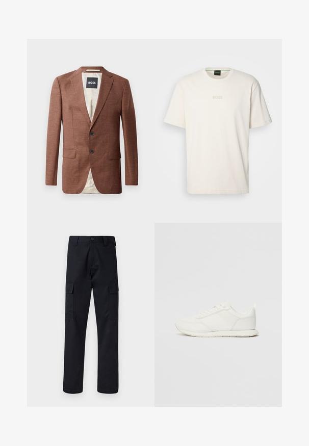 Pruun linane bleiser, millel on lõikega krae, kaks esist pocketit, kaks musta nuppu ja heledat sisevoodrit. Silt peal 'BOSS'.; BOSS TEE - Lihtne T-särk - open white; Mustad mustad püksid, mis on valmistatud tugevast materjalist, sirge lõikega, kaht küljetaskut ja nööbiga sulgemist vöökoha juures.; Valged tennisesid, millel on võrgust ja sünteetilisest materjalist ülemine osa, ümar varvas, lamedad paelad ja tekstureeritud külgmine triip. Kummist tallaosa, tagaküljel tõmbetab.