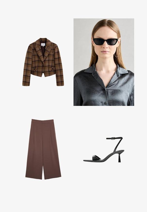 Braun karierter Blazer mit taillierter Passform, ausgestattet mit einem Ein-Knopf-Verschluss, Reverskragen und zwei vorderen Taschen. Hergestellt aus strukturiertem Stoff.; Weißes T-Shirt aus weichem, leichtem Stoff. Mit runder Halslinie und kurzen, weit geschnittenen Ärmeln für einen lässigen Sitz. Keine sichtbaren Muster.; Braune Weite-Leg-Hosen mit einer glatten Textur, hoher Taille und Vorderfalten. Der Stoff ist leicht und fällt locker.; Bershka High Heel Sandalette - black; Schwarze Cat-Eye-Sonnenbrille mit glänzender Oberfläche, getragen mit einem strukturierten grauen Hemd mit Knöpfen und Kragen. Große Creolen sind sichtbar.