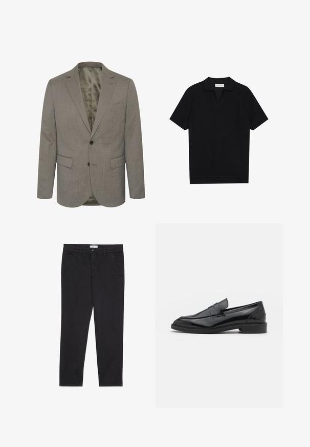 Pilkas smuklinta blazeris, pagamintas iš tekstūrinio audinio. turi įpjautą apykaklę, dvi priekinės kišenes ir dvi sagas. Vandenis pamušalas kontrastingos spalvos.; Juodas trumpas rankovėmis polo marškinėliai su tekstūruota, grioveliais audiniu, turi V formos iškirptę ir tiesų apačią. Nėra matomų logotipų ar raštų.; Juodos medvilnės kelnės su siauru pjūviu, turinčios dvi šonines kišenes ir priekinį mygtuko užsegimą. Audinys tekstūruotas su subtiliomis detalėmis.; Juodos odinės loafers batai su lygiu paviršiumi, turintys apvalią noselę ir siaurą juostelę per viršų. Žemas sluoksnis kulnas.