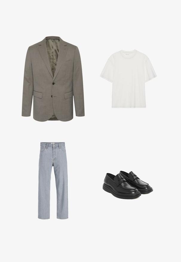 Grey pinstripe blazer made of textured fabric. Features a notched collar, two front pockets, and two buttons. Lined interior in a contrasting color.; White cotton t-shirt with short sleeves, round neck, and contrasting stitching detail around the neckline and sleeves.; Light blue denim jeans with a relaxed fit, straight leg design, visible stitching, two front pockets, and a button closure.; Black leather loafers with a rounded toe, stitched detailing, and a platform rubber sole. Features a decorative strap across the vamp.