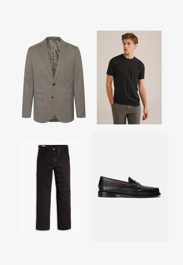 Šedý pruhovaný blejzer z textúrovanej látky. Disponuje klopovým golierom, dvoma prednými vreckami a dvoma gombíkmi. Podšívka je v kontrastnej farbe.; Mladý muž s kučeravými svetlohnedými vlasmi, oblečený v čiernom tričku s krátkymi rukávmi a šedých nohaviciach, pozerajúci doľava s rukami v vreckách.; Čierne džínsy s rovnými nohavicami, s piatimi vreckami, s rozopínaním na gombík a pútkami na opasok, položené na bielom pozadí.; Čierne kožené mokasíny s hladkým povrchom, zaoblenou špičkou a ozdobným pásikom cez hornú časť. Majú nízku čiernu podrážku.